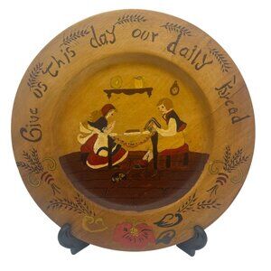 Vintage Hand Painted Wood Prayer Plate 11.5in Give Us This Day Our Daily Bread
